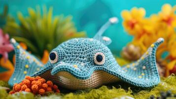 AI generated Crocheted stingray toy vibrant backdrop, handcrafted and adorable, Ai Generated photo