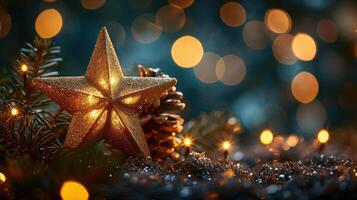 ai generado un dorado Navidad estrella brilla en un bokeh negro fondo, encantador, ai generado. foto