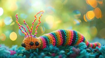 AI generated Crocheted centipede toy vibrant backdrop, handcrafted and adorable, Ai Generated photo