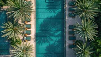 AI generated Aerial view showcases a pool oasis surrounded by lush palm trees, a tropical paradise, Ai Generated photo