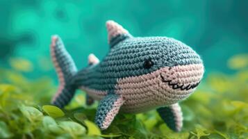 AI generated Crocheted shark toy vibrant backdrop, handcrafted and adorable, Ai Generated photo