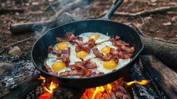 ai generado tocino y huevos candente en un emitir hierro sartén, ai generado. foto