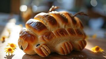 AI generated Unique bread loaf resembling an bee resting on a wooden table, Ai Generated photo