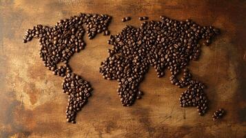 ai generado mundo mapa formado con café frijoles, un creativo mezcla de geografía y aroma. ai generado foto