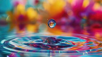 AI generated A single water drop reflects a vibrant, colorful scene, nature's miniature kaleidoscope, Ai Generated photo
