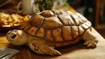 AI generated Unique bread loaf resembling an turtle resting on a wooden table, Ai Generated photo