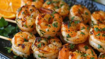 AI generated Grilled shrimp infused with aromatic herbs and citrus, a flavorful seafood delicacy, Ai Generated. photo