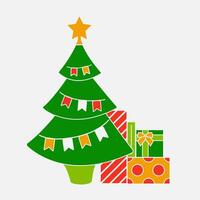 Illustration of a Christmas tree decorated with flags and a star. Gifts hidden under the tree. vector