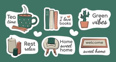 Comfort at home and relaxation. Stickers with quotes. Tea with cinnamon in a cup. Books, home plant and candles. Home chair. Rug Welcome. Hygge style. Vector illustration.