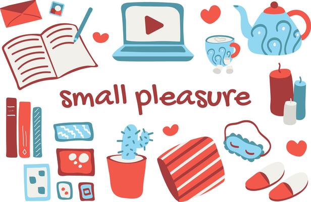 Text Small pleasure. Set of items of pleasant joys, hobbies and recreation. Watch videos, drink hot drinks, sleep, take care of a plant, light candles, read books, take photos, write letters and diary