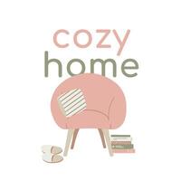 Interior in hygge style - an armchair with a striped pillow, a stack of books and slippers. Text cozy house. Isolated illustration in pastel colors. Scandinavian style. Vector illustration.