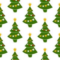 Seamless pattern Christmas tree with flags and star. Decorated coniferous tree. Christmas pattern. vector