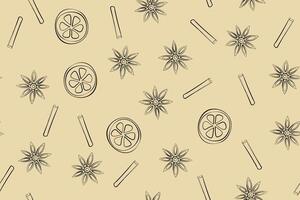 A piece of orange, star anise and a cinnamon stick. Seamless pattern in sketching style. vector