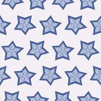 Seamless pattern of blue stars with a winter pattern on a light background. Stars with a frosty pattern of squiggles. vector