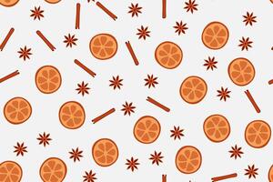 A piece of orange, star anise and a cinnamon stick. Seamless pattern in flat design. vector