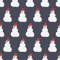 Seamless pattern of snowmen on a dark background. Snow, carrots, bucket. Winter entertainment in the cold season vector