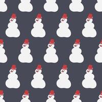 Seamless pattern of snowmen on a dark background. Snow, carrots, bucket. Winter entertainment in the cold season vector