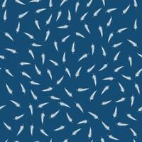 Pattern of white feathers. Bird Nibs fall on a blue background. Light flight of fluff. Softness. Seamless minimalistic pattern. Chaotic location. Vector illustration.