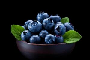 AI generated blueberries in on bowl on wooden table AI generated photo