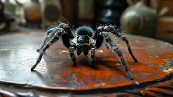 ai generado de cerca de un juguete araña descansando en un mesa, sus falso caracteristicas intrincado, ai generado. foto