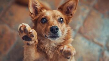 AI generated Eager dog stands on the floor, paws lifted in anticipation, awaiting playtime, Ai Generated. photo