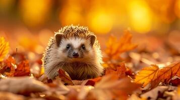 AI generated Charming hedgehog sits amidst autumn leaves, surrounded by breathtaking fall scenery, Ai Generated. photo
