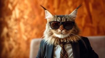 AI generated Suave cat dons sunglasses and a sharp suit with a tie, exuding sophistication, Ai Generated. photo