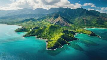 AI generated Aerial view captures a stunning island with lush green mountains and azure waters, Ai Generated photo