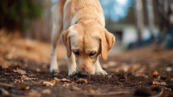 AI generated Dog eagerly sniffs dirt on the ground, exploring with its keen sense of smell, Ai Generated. photo