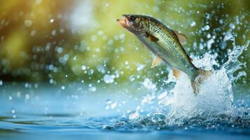 ai generado energético pescado saltos fuera de el agua, atrapado aire en un dinámica saltar, ai generado. foto