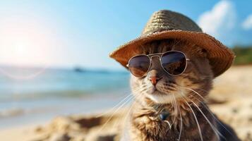 AI generated Cool cat dons hat and sunglasses, chilling on the sandy beach, summer vibes, Ai Generated. photo