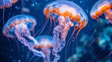 ai generado fascinante Medusa graciosamente nadar en el agua, su naranja tentáculos arrastrando detrás, ai generado. foto