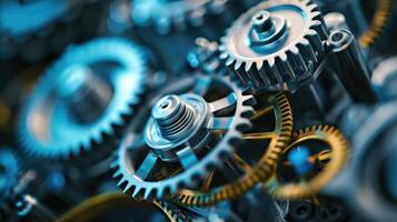 AI generated Precision close-up of interlocking gears system showcasing mechanical intricacy. Ai Generated photo