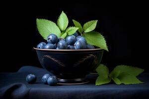 AI generated Fresh blueberries in a black bowl on black background AI generated photo