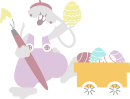 contento Pascua de Resurrección con conejito conejo, Cepillo de pintura y carro de huevo, plano png transparente dibujos animados personaje diseño