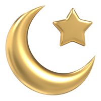 Islamic crescent moon and star icon. Golden Moon and star 3d icon. Symbol shape design for islamic concept. 3D render illustration png