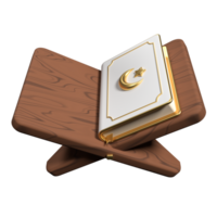 Islamic golden holy quran book with stand icon. Golden holy quran ramadan icon. 3D rendering holy quran isolated. Quran 3d icon illustration png