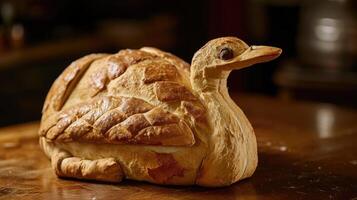 AI generated Unique bread loaf resembling an ostrich resting on a wooden table, Ai Generated photo