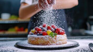 ai generado de cerca de Fruta pasteles, delicadamente rociado con Nevado Formación de hielo azúcar, un dulce espectáculo, ai generado. foto