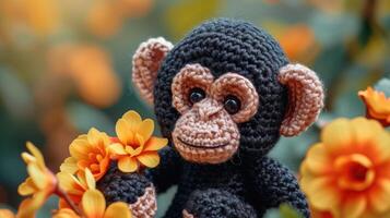 ai generado tejido a ganchillo chimpancé juguete vibrante fondo, hecho a mano y adorable, ai generado foto