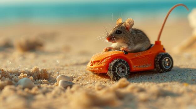 AI generated Toy mouse enjoys a ride in a toy car, rolling through the sand with playful abandon, Ai Generated. photo