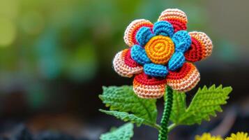ai generado tejido a ganchillo flor juguete vibrante fondo, hecho a mano y adorable, ai generado foto
