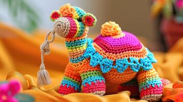 AI generated Crocheted camel toy vibrant backdrop, handcrafted and adorable, Ai Generated photo