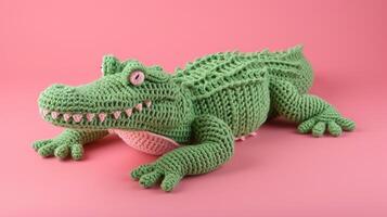AI generated Crocheted alligator toy, vibrant backdrop, handcrafted and adorable, Ai Generated photo