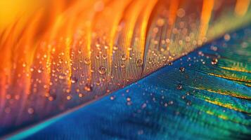 AI generated Close-up of a feather adorned with rainbow hues, a vibrant and enchanting sight, Ai Generated. photo