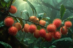 AI generated Exotic rambutan tree adorned with vibrant clusters, a tropical spectacle unfolds, Ai Generated. photo