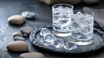 AI generated Two glasses of ice water on a tray with ice rocks, a cool arrangement, Ai Generated. photo