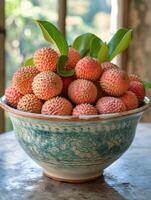 AI generated Exotic lychee, featuring a rough, reddish-pink shell and juicy, sweet inner flesh, Ai Generated. photo