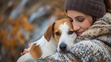 ai generado mujer en un acogedor suéter abraza su perro calurosamente, compartiendo un momento de amor y compañerismo, ai generado. foto