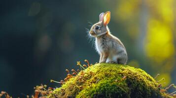 AI generated Rabbit stands on a moss-covered rock, its furry coat contrasting with the lush greenery, Ai Generated. photo